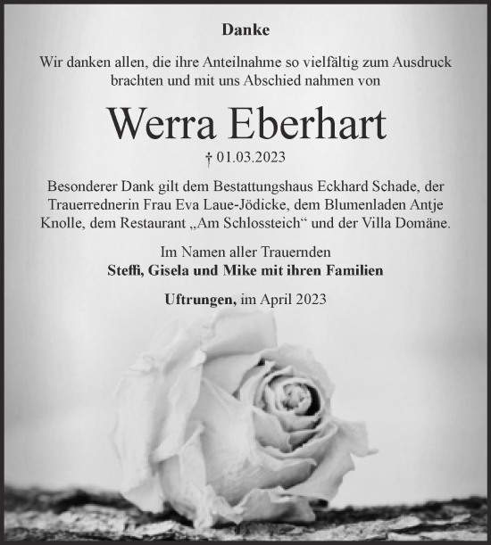 Traueranzeige von Werra Eberhart von Wochenspiegel Sangerhausen