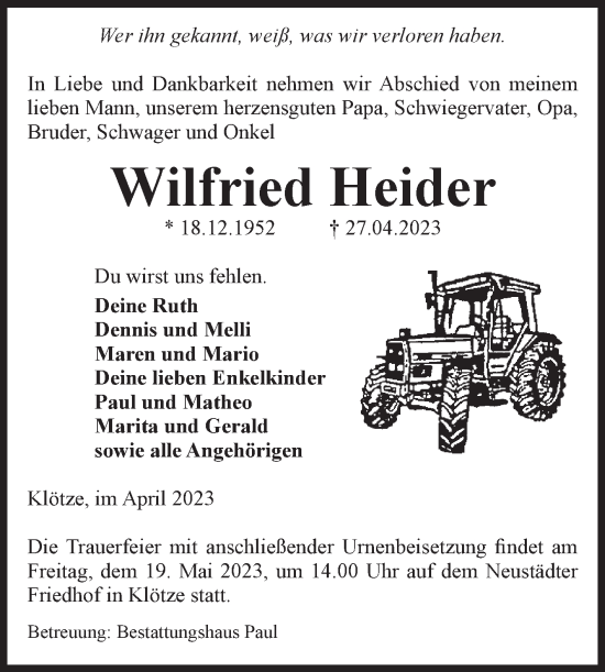 Traueranzeige von Wilfried Heider von Volksstimme Altmark West