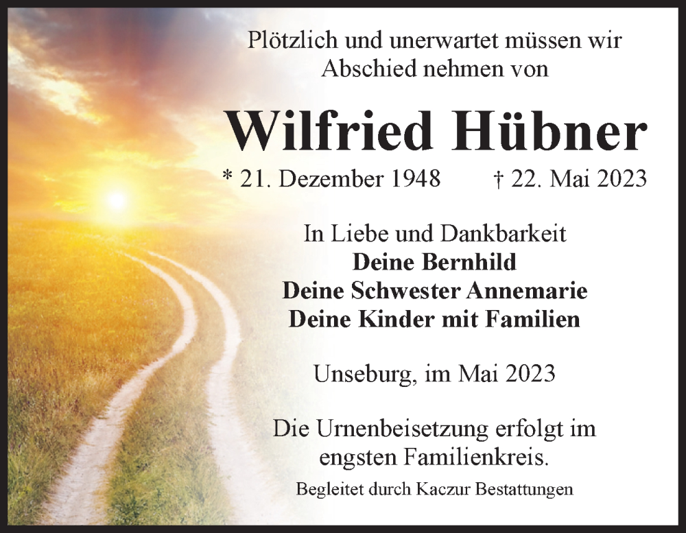  Traueranzeige für Wilfried Hübner vom 27.05.2023 aus Volksstimme Staßfurt