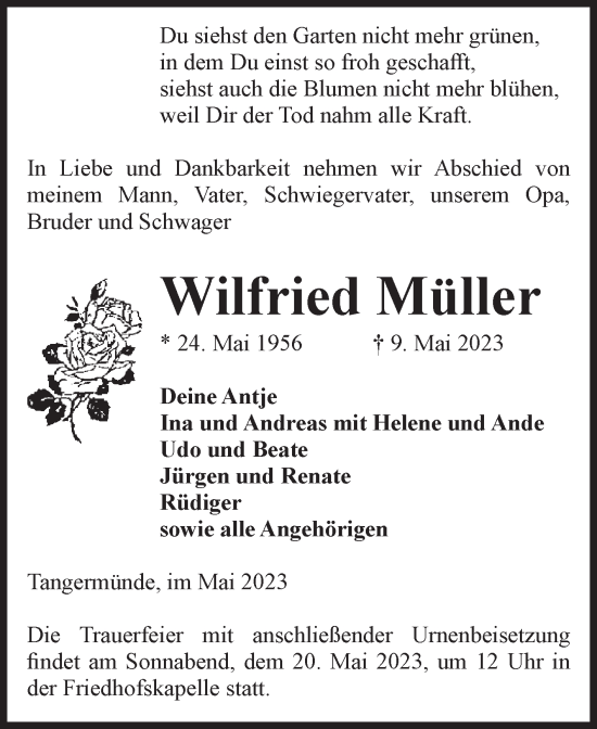 Traueranzeige von Wilfried Müller von Volksstimme Altmark Ost