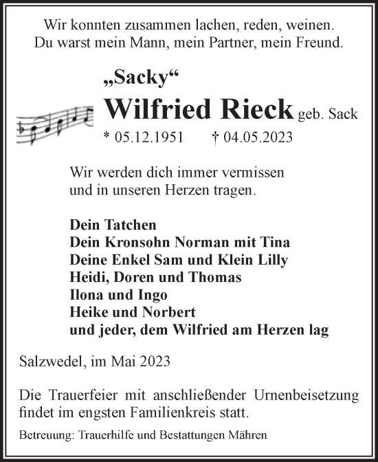 Traueranzeige von Wilfried Rieck von Volksstimme Altmark West