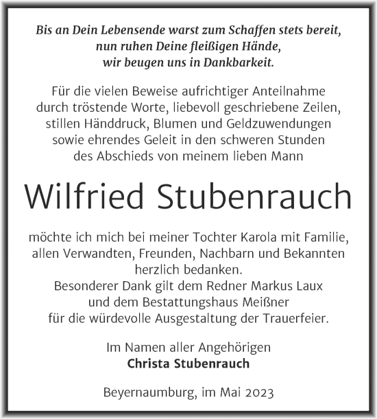 Traueranzeige von Wilfried Stubenrauch von Trauerkombi Sangerhausen