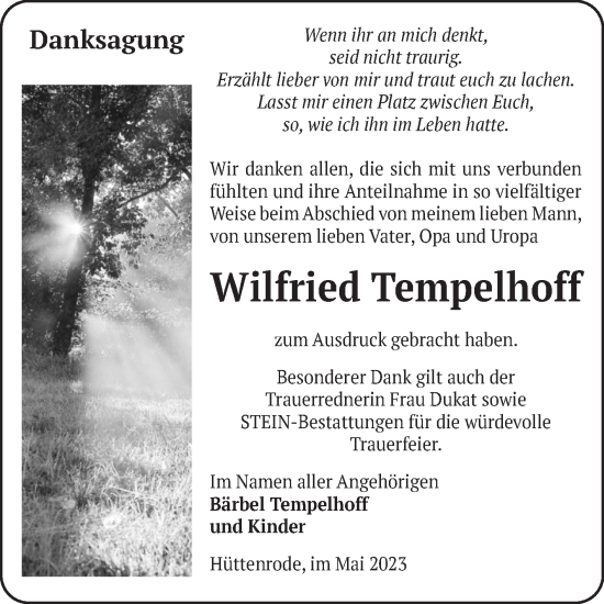 Traueranzeige von Wilfried Tempelhoff von Volksstimme Wernigerode
