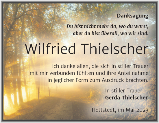 Traueranzeige von Wilfried Thielscher von Trauerkombi Mansfelder Land