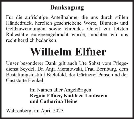Traueranzeige von Wilhelm Elfner von Volksstimme Altmark Ost