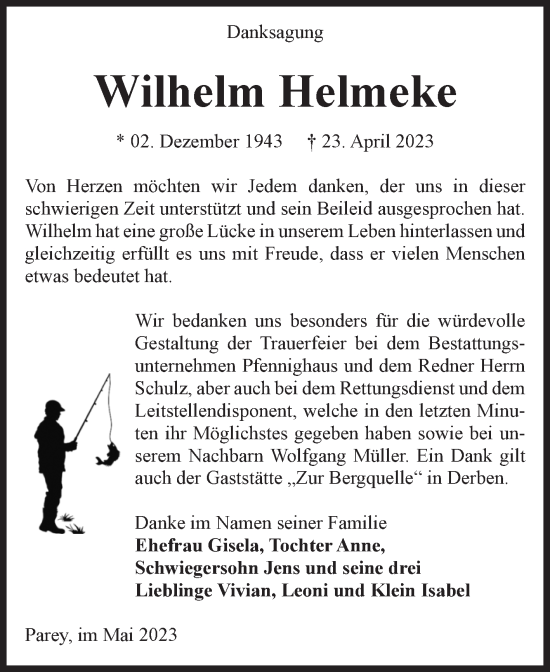 Traueranzeige von Wilhelm Helmeke von Volksstimme Burg/Genthin