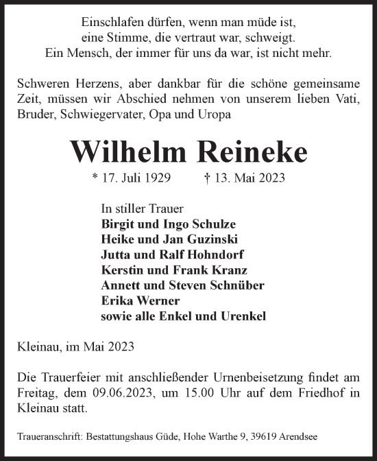 Traueranzeige von Wilhelm Reineke von Volksstimme Altmark West