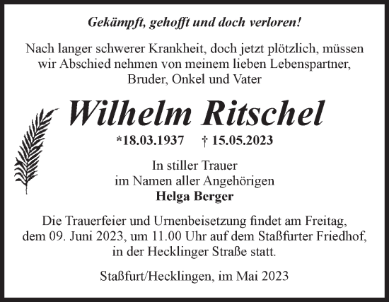 Traueranzeige von Wilhelm Ritschel von Volksstimme Staßfurt