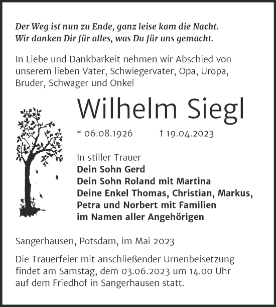 Traueranzeige von Wilhelm Siegl von Trauerkombi Sangerhausen
