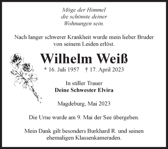 Traueranzeige von Wilhelm Weiß von Volksstimme Altmark Ost