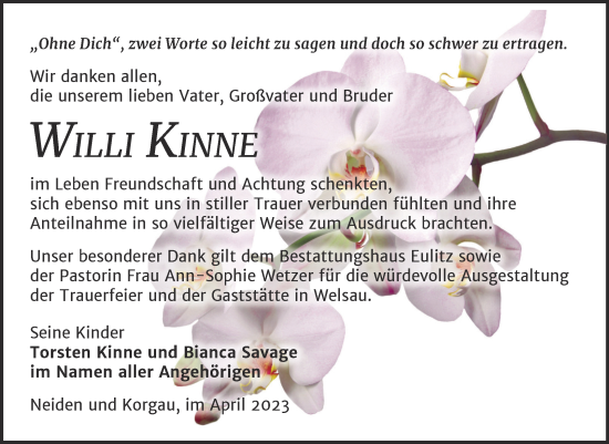 Traueranzeige von Willi Kinne von Trauerkombi Wittenberg