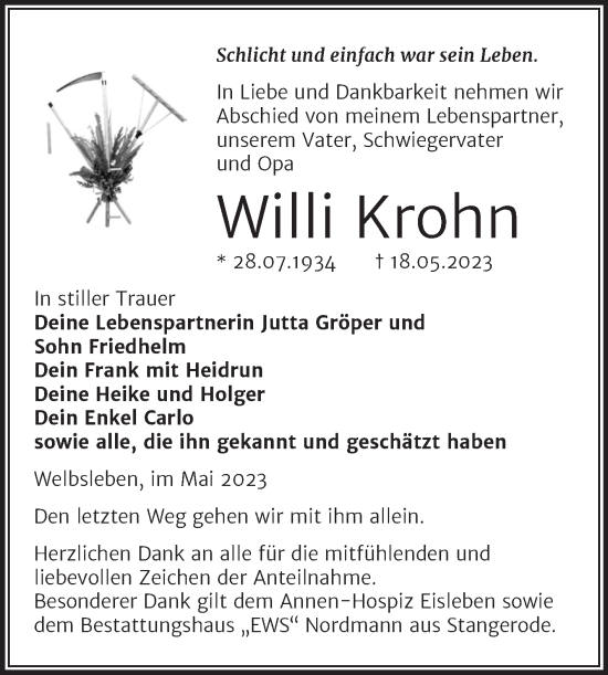 Traueranzeige von Willi Krohn von Trauerkombi Mansfelder Land