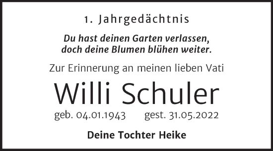Traueranzeige von Willi Schuler von Wochenspiegel Naumburg/Nebra