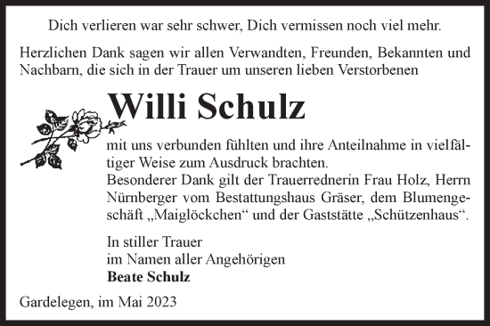 Traueranzeige von Willi Schulz von Volksstimme Altmark West