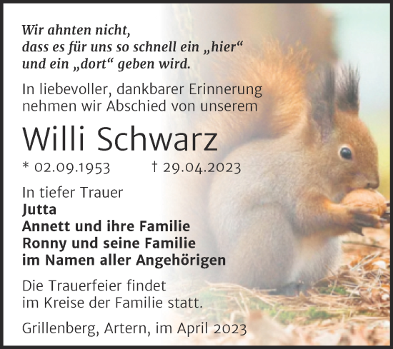 Traueranzeige von Willi Schwarz von Trauerkombi Sangerhausen