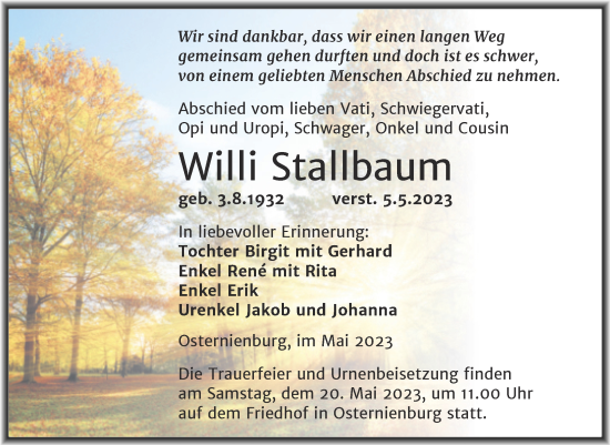 Traueranzeige von Willi Stallbaum von Trauerkombi Köthen