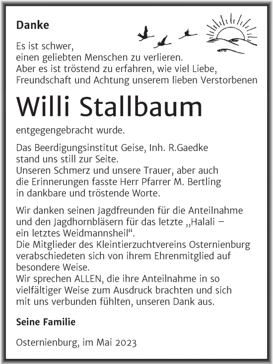 Traueranzeige von Willi Stallbaum von Trauerkombi Köthen
