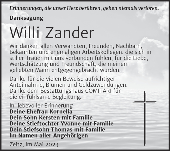 Traueranzeige von Willi Zander von Trauerkombi Zeitz