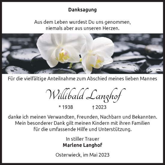 Traueranzeige von Willibald Langhof von Volksstimme Halberstadt