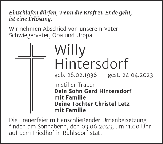 Traueranzeige von Willy Hintersdorf von Trauerkombi Wittenberg