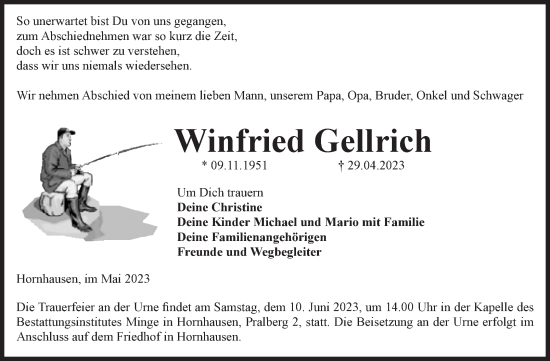 Traueranzeige von Winfried Gellrich von Volksstimme Oschersleben/Wanzleben