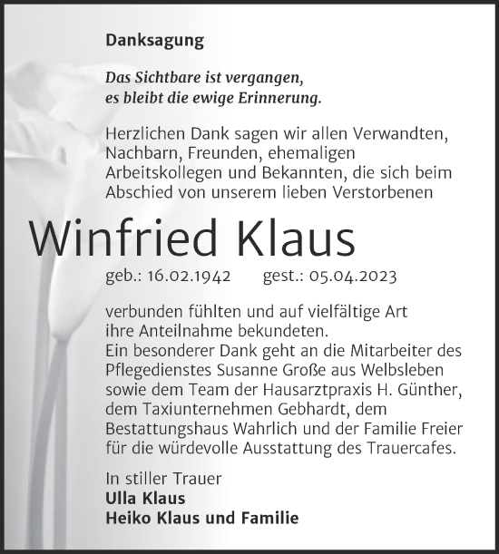 Traueranzeige von Winfried Klaus von Trauerkombi Mansfelder Land