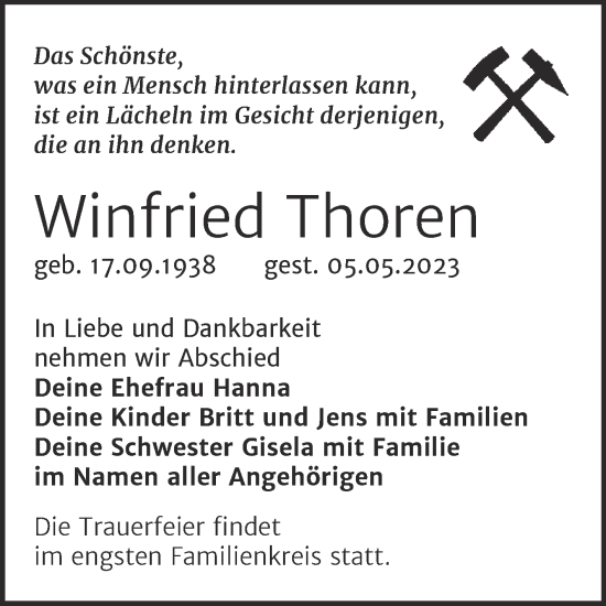 Traueranzeige von Winfried Thoren von Trauerkombi Sangerhausen