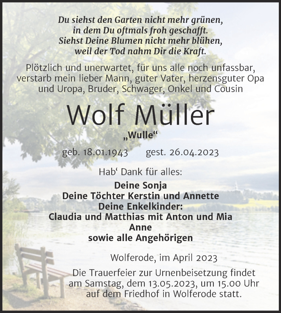  Traueranzeige für Wolf Müller vom 06.05.2023 aus Trauerkombi Mansfelder Land