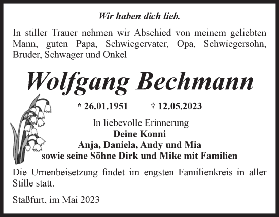 Traueranzeige von Wolfgang Bechmann von Volksstimme Staßfurt
