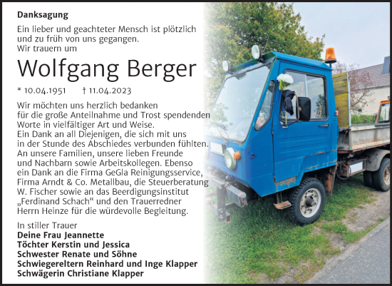Traueranzeige von Wolfgang Berger von Trauerkombi Wittenberg