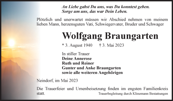 Traueranzeige von Wolfgang Braungarten von Volksstimme Oschersleben/Wanzleben