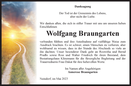 Traueranzeige von Wolfgang Braungarten von Volksstimme Oschersleben/Wanzleben