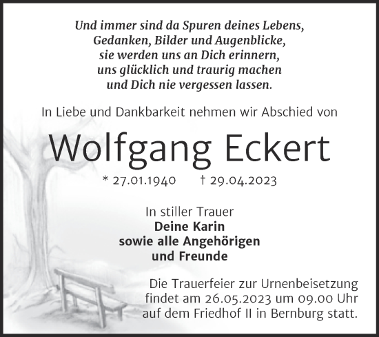 Traueranzeige von Wolfgang Eckert von Trauerkombi Bernburg