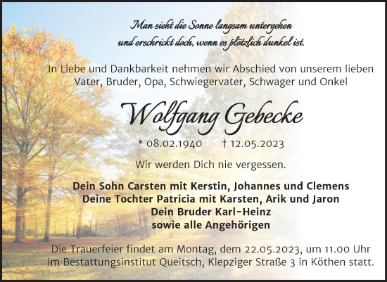 Traueranzeige von Wolfgang Gebecke von Trauerkombi Köthen