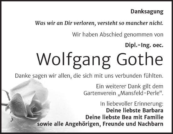 Traueranzeige von Wolfgang Gothe von Trauerkombi Mansfelder Land