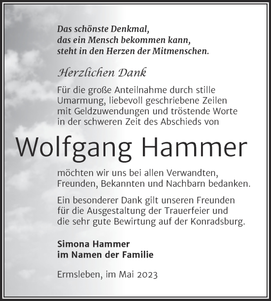 Traueranzeige von Wolfgang Hammer von Trauerkombi Aschersleben