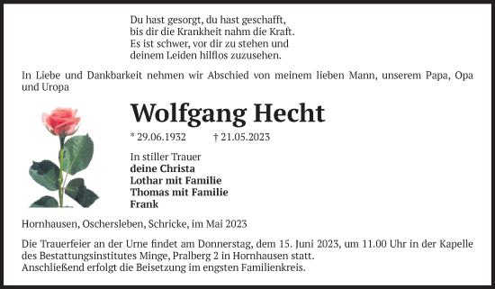 Traueranzeige von Wolfgang Hecht von Volksstimme Oschersleben/Wanzleben
