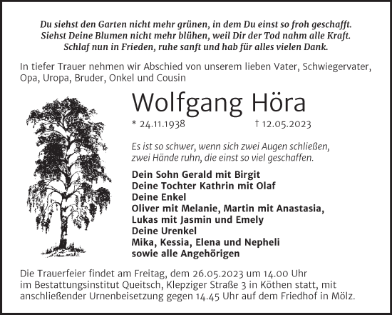 Traueranzeige von Wolfgang Höra von Trauerkombi Köthen