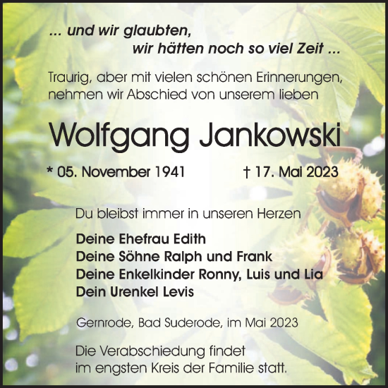 Traueranzeige von Wolfgang Jankowski von Trauerkombi Quedlinburg