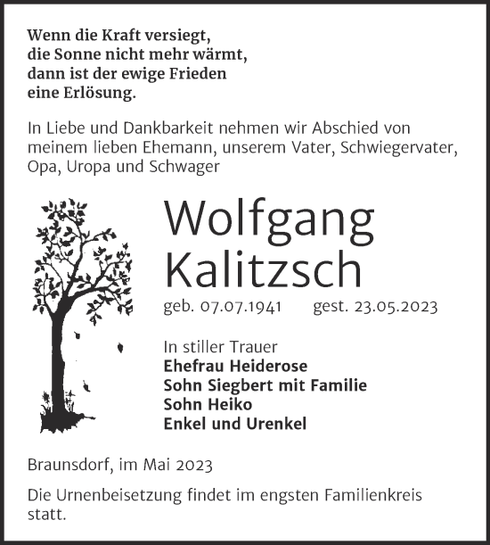 Traueranzeige von Wolfgang Kalitzsch von Trauerkombi Wittenberg
