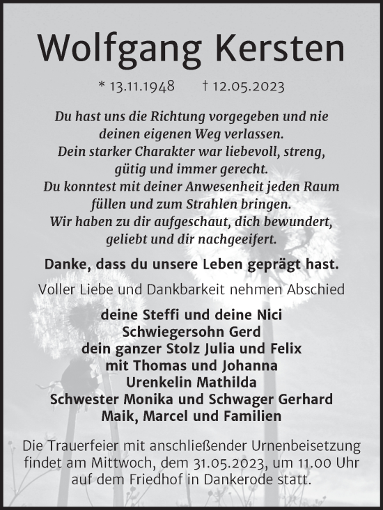Traueranzeige von Wolfgang Kersten von Trauerkombi Quedlinburg