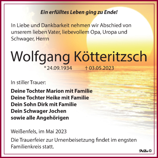 Traueranzeige von Wolfgang Kötteritzsch von Trauerkombi Weißenfels