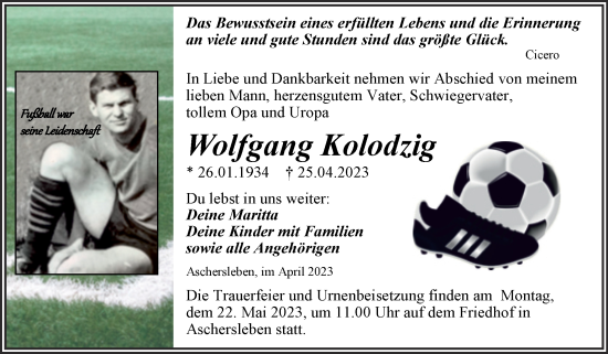 Traueranzeige von Wolfgang Kolodzig von Trauerkombi Aschersleben