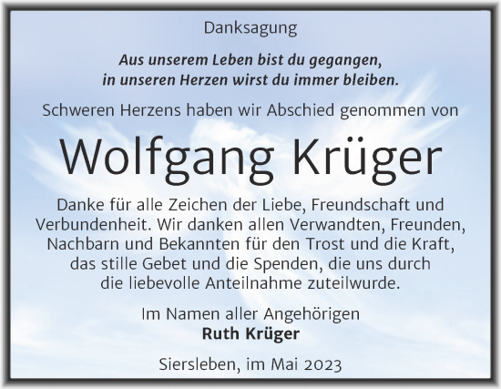 Traueranzeige von Wolfgang Krüger von Trauerkombi Mansfelder Land
