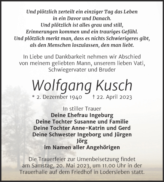 Traueranzeige von Wolfgang Kusch von Trauerkombi Merseburg
