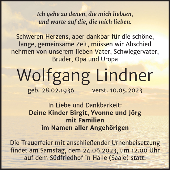 Traueranzeige von Wolfgang Lindner von Mitteldeutsche Zeitung Halle/Saalkreis