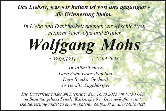 Traueranzeige von Wolfgang Mohs von Trauerkombi Dessau
