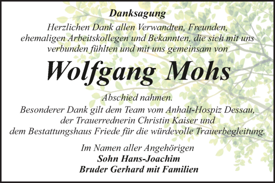 Traueranzeige von Wolfgang Mohs von Trauerkombi Dessau