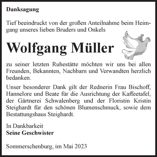 Traueranzeige von Wolfgang Müller von Volksstimme Oschersleben/Wanzleben