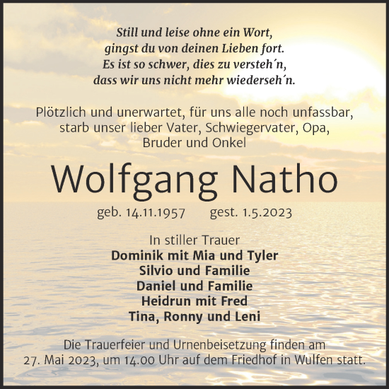 Traueranzeige von Wolfgang Natho von Mitteldeutsche Zeitung Köthen